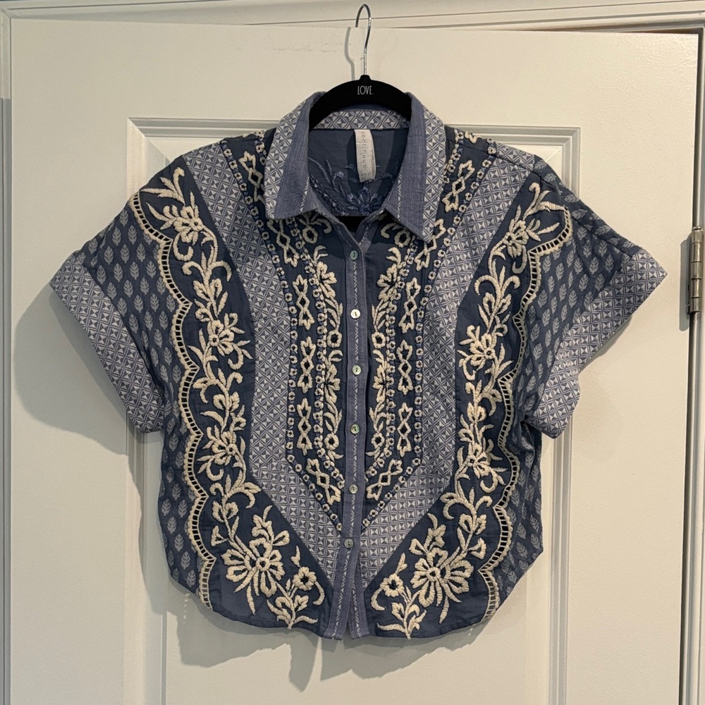 Free People Blue Floral Embroidered Shirt